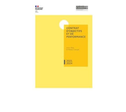 Visuel de la couverture du contrat d'objectifs et de performance 2021-2024 de Réseau Canopé. Couleur dominante : jaune. Logo avec le bloc Marianne et le logo de Réseau Canopé