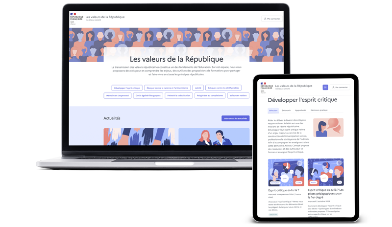 Visuel de présentation du portail Valeurs de la République de Réseau Canopé représentant la page d'accueil du site web sur un écran d'ordinateur et sur un écran de téléphone portable