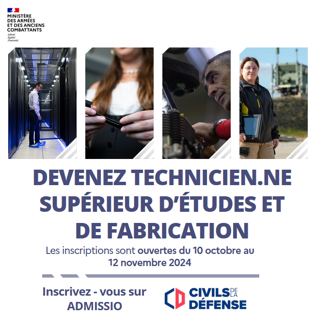 Devenez technicien/technicienne supérieur d'études et de fabrication. Les inscriptions sont ouvertes du 10 octobre au 12 novembre 2024. Inscrivez-vous sur ADMISSIO.