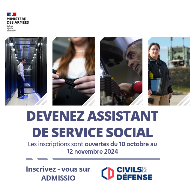 Devenez assistant de service social. Les inscriptions sont ouvertes du 10 octobre au 12 novembre 2024. Inscrivez-vous sur ADMISSIO. Civils de la défense