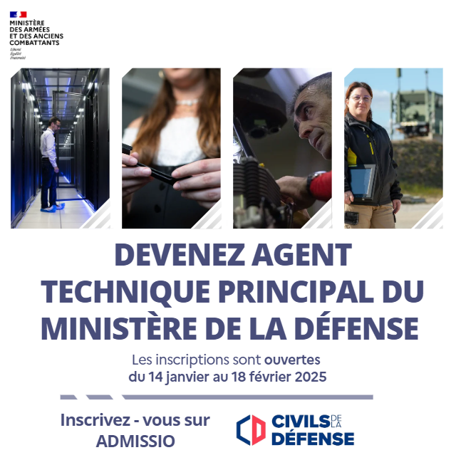 Devenez agent technique principal du ministère de la défense. Les inscriptions sont ouvertes du 14 janvier au 18 février 2025. Inscrivez-vous sur ADMISSIO. Civils de la Défense