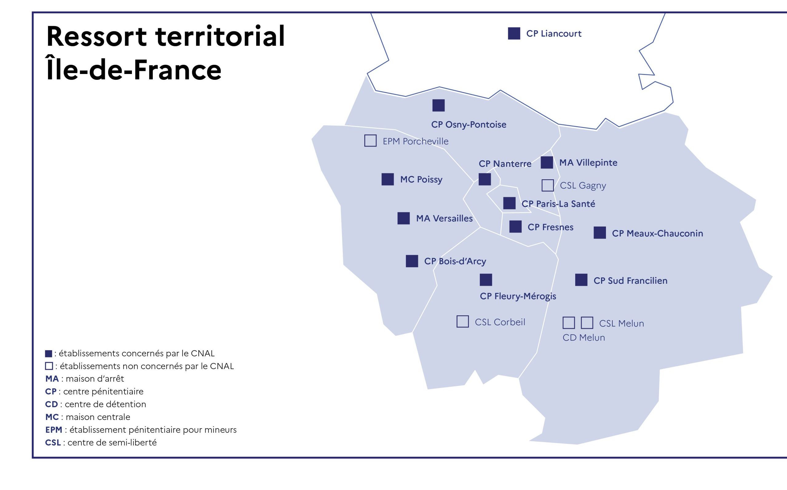 Les établissements concernés par le concours spécial Île-de-France sont : • Centre pénitentiaire de Bois-d'Arcy, Yvelines • Centre pénitentiaire de Fleury-Mérogis, Essonne • Centre pénitentiaire de Fresnes, Val-de-Marne • Centre pénitentiaire de Liancourt, Oise • Centre pénitentiaire de Meaux-Chauconin, Seine-et-Marne • Centre pénitentiaire de Nanterre, Hauts-de-Seine • Centre pénitentiaire d'Osny-Pontoise, Val-d’Oise • Centre pénitentiaire de Paris-la-Santé, Paris • Maison centrale de Poissy, Yvelines • Centre pénitentiaire du Sud-Francilien, Seine-et-Marne • Maison d'arrêt de Versailles, Yvelines • Maison d'arrêt de Villepinte, Seine-Saint-Denis