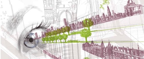 oeil en dessin, avec une architecture dessinée qui traverse l'oeil