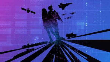 Silhouettes de soldats au centre, entourées de véhicules, avions et satellites militaires sur un fond numérique bleu et violet