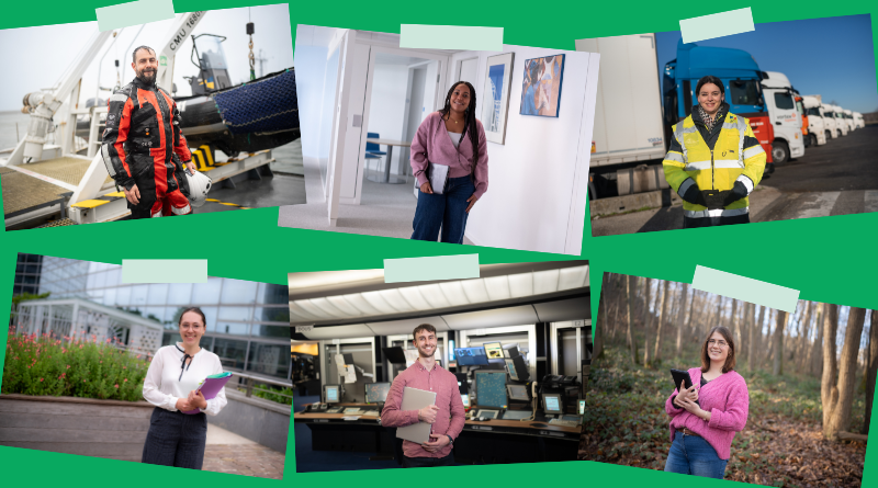 Montage de six photographies présentant des agents de la fonction publique dans différents environnements professionnels : une agente en tenue de chantier, une agente dans un bureau, une agente en tenue de sécurité devant des camions, une agente devant un bâtiment administratif, un agent dans une salle de contrôle technique et une agente en extérieur dans un environnement naturel.