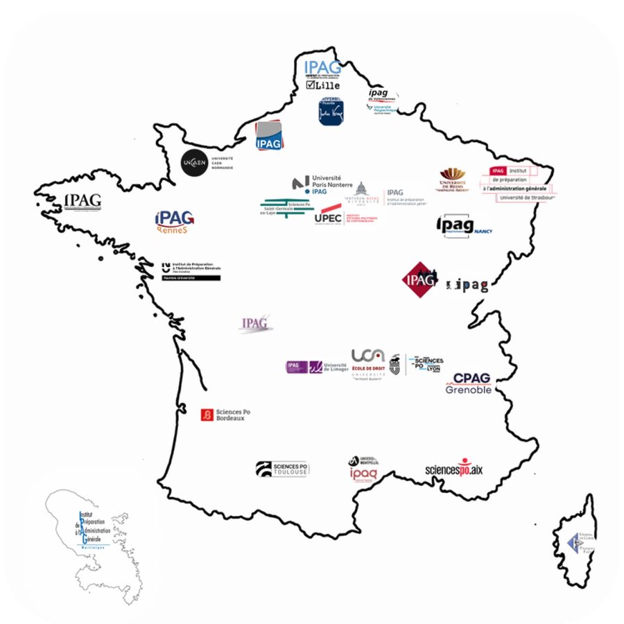 Une cartographie montre le maillage territorial des 27 instituts et centres de préparation à l’administration générale sur l’ensemble du territoire français.